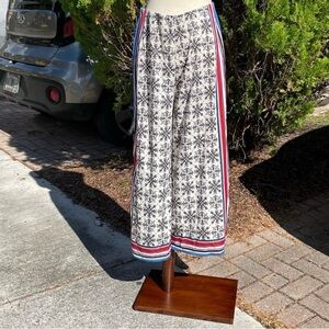 Zara Black and White Patterned Wide-Leg Pants with Red and Blue Stripes